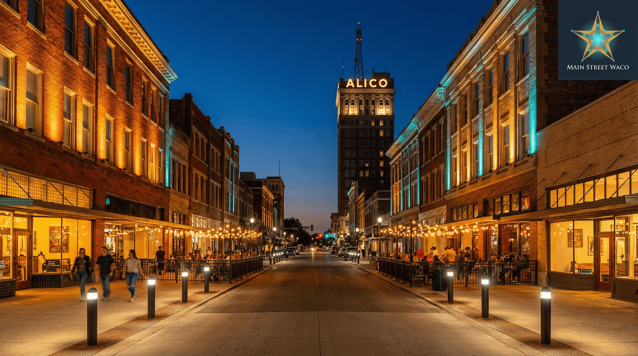 Illustrated evening vision of an active Austin Avenue in Downtown Waco